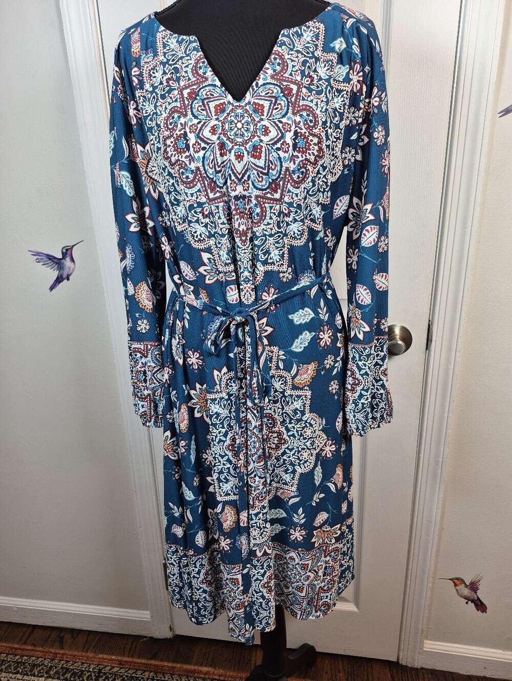 Luxology Teal Boho Mandala Print Faux Wrap Dress XL Coastal Bohemian - Picture 6 of 9